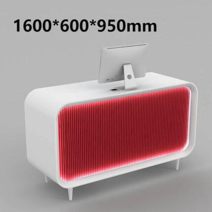 Elegant White Reception Desk with Red Mesh Panel and LED