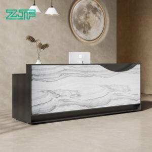 Small Reception Desk with White Marble Finish and Privacy Guard