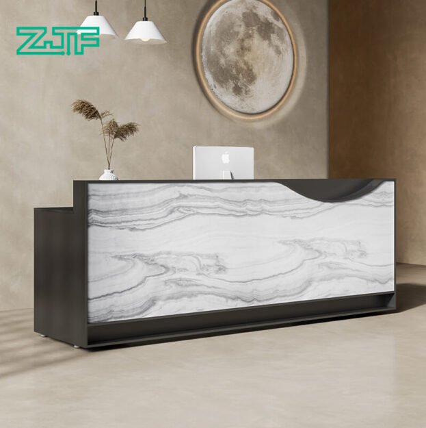 Small Reception Desk with White Marble Finish and Privacy Guard