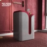 Compact Reception Counter with Red Pattern and Quartz Finish