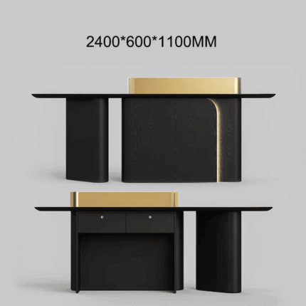 Black oval-shaped reception counter with gold Led light