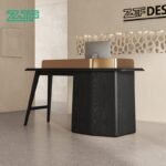 Modern black wood counter with gold L-shaped accent