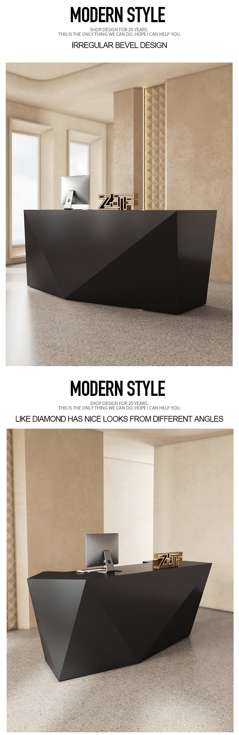 Modern Pure Black Diamond Front Reception Desk 2 Compact Black Diamond Desk for Modern Spaces