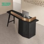 Minimalist L-shaped gold and black salon counter