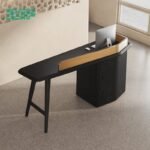 Office front desk with gold L-frame and wood texture