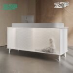 Office front desk with white metal accents and LED lights