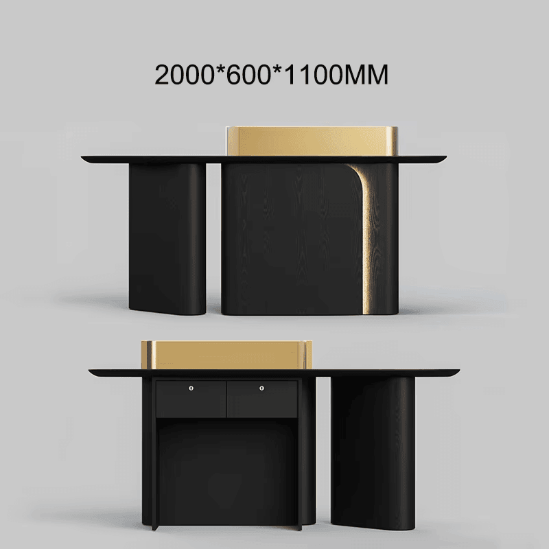 Modern black wood front desk with gold U-shaped guard