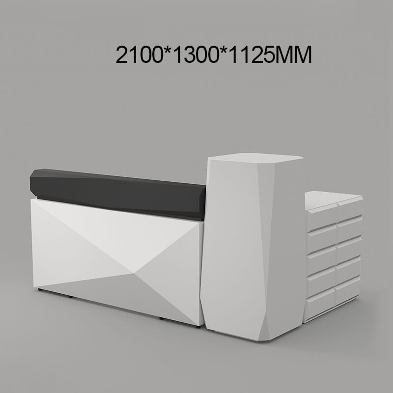 L-shaped salon reception desk with drawers