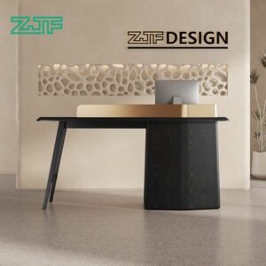 Modern black wood reception desk with gold contrast