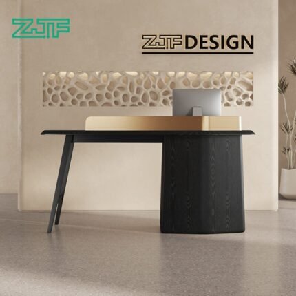 Modern black wood reception desk with gold contrast