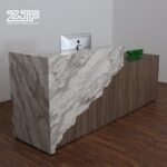 Custom dark marble reception desk dark wood accents