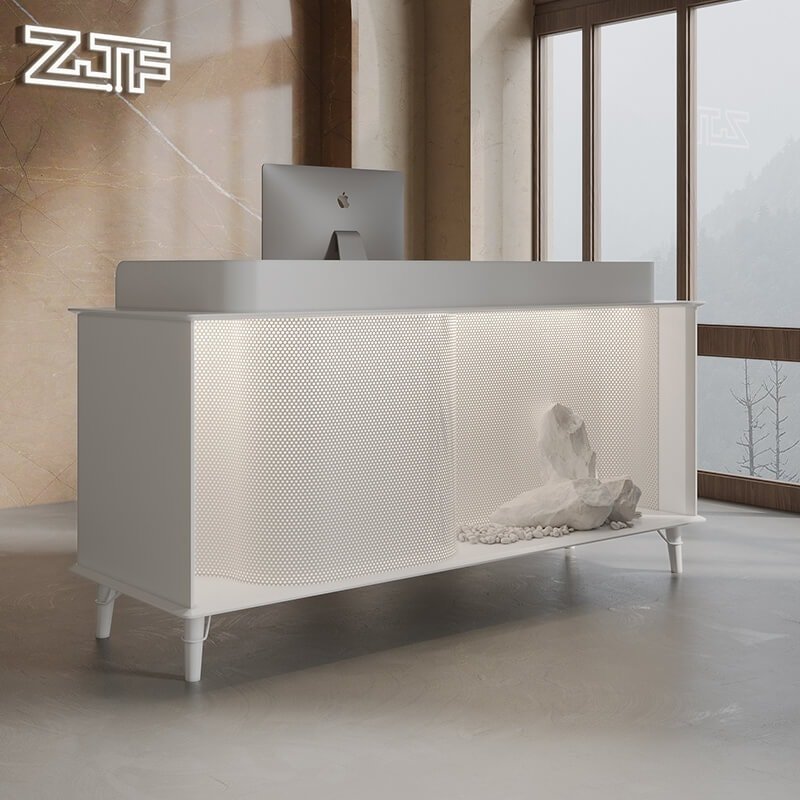 Modern salon front desk with wood accents and LED