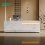 White marble I shaped reception desk with lighting