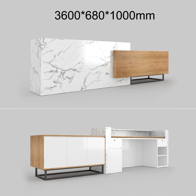 Custom white marble light wood reception desk ADA