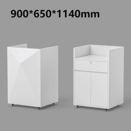 White reception desk compact with wheels