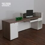 I shaped desk dark marble and dark wood
