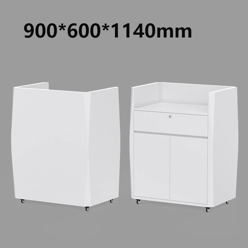 White Boutique Reception Desk with Wheels 3 Pure white small reception desk with wheels