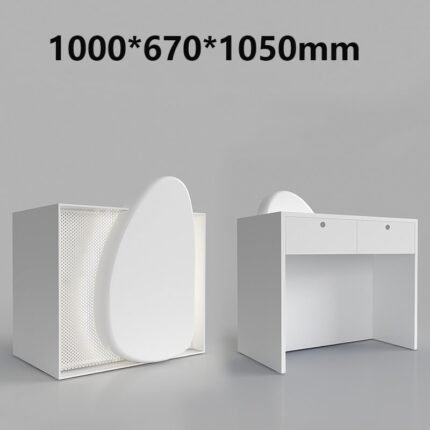 White Reception Counter with Pebble and Metal Mesh Design