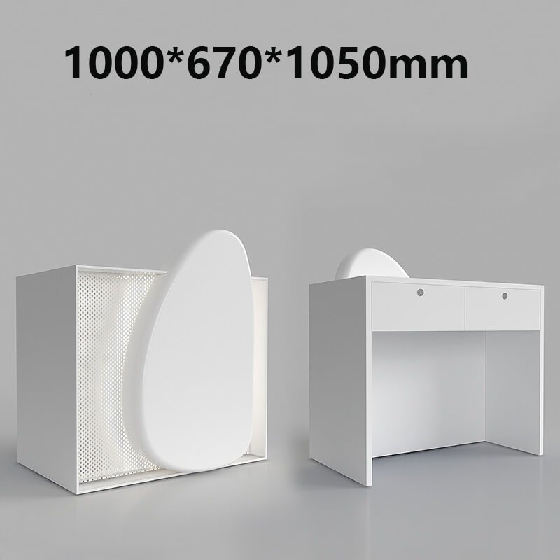 White Reception Counter with Pebble and Metal Mesh Design