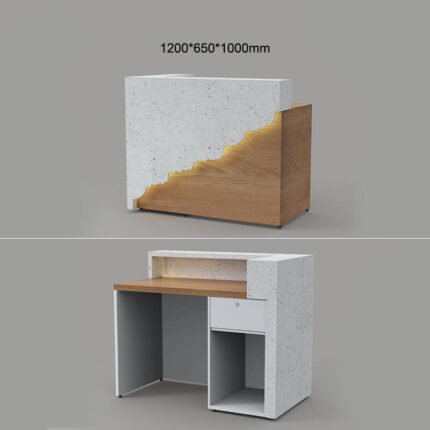 White marble light wood I shaped custom desk
