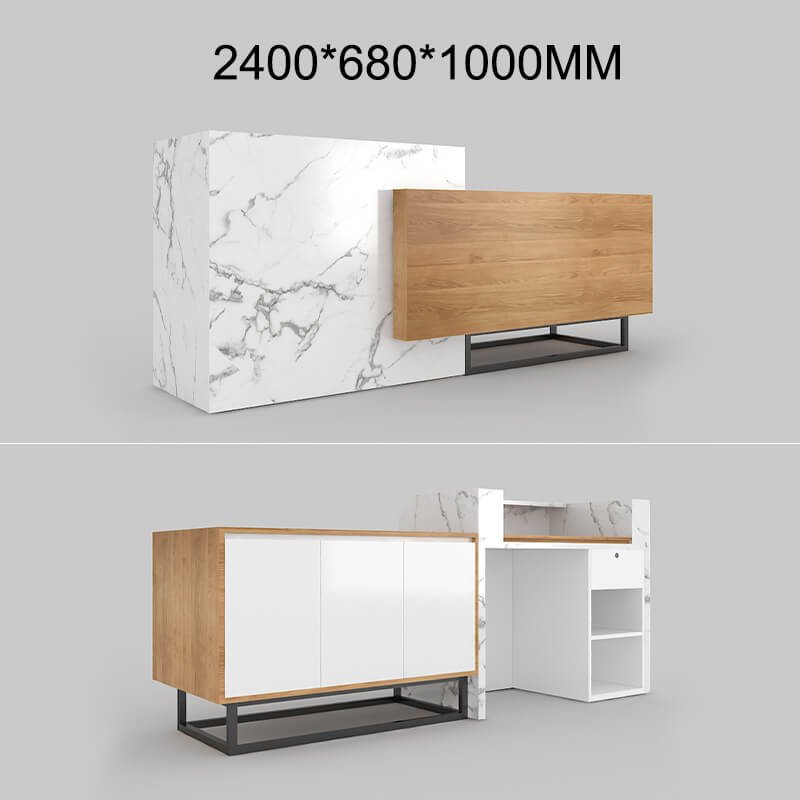 White marble light wood ADA reception desk salons