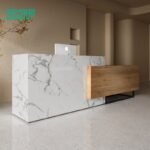 Custom reception desk white marble light wood ADA