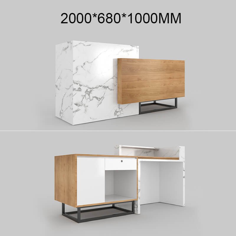 Light wood reception desk white marble ADA compliance