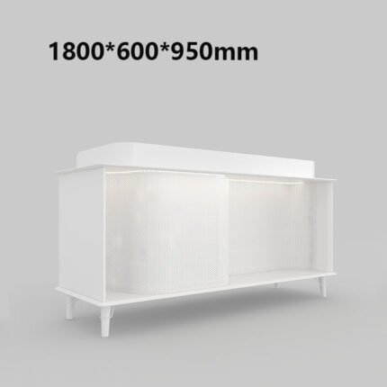 White salon reception desk with wood accents and metal grid