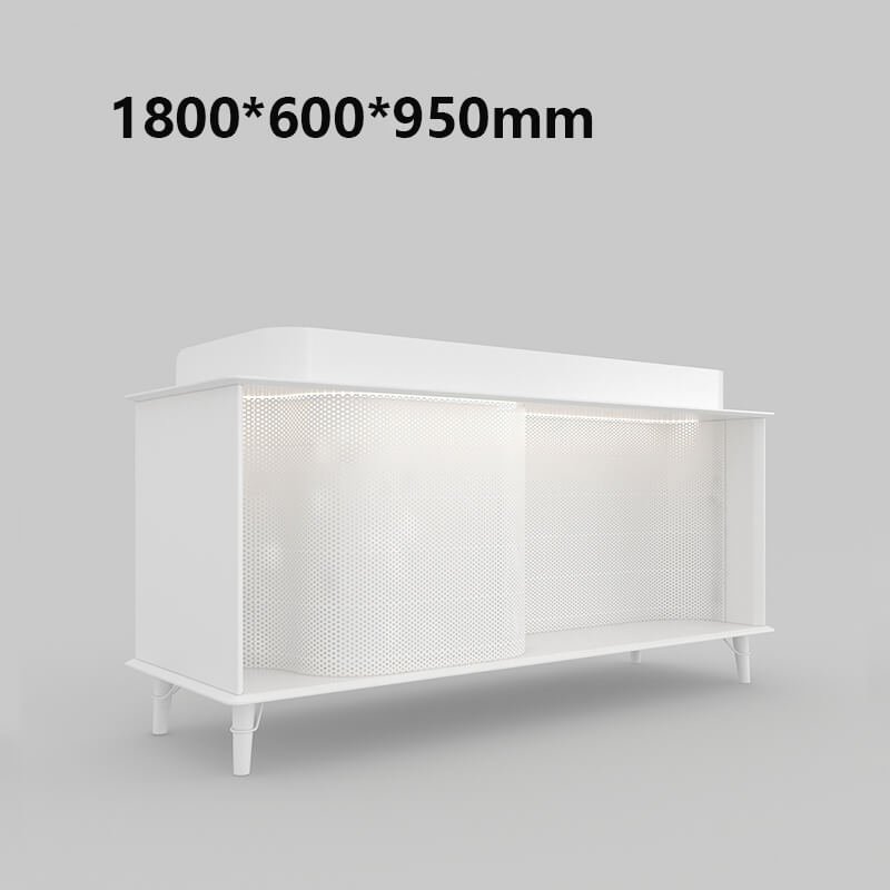 White salon reception desk with wood accents and metal grid