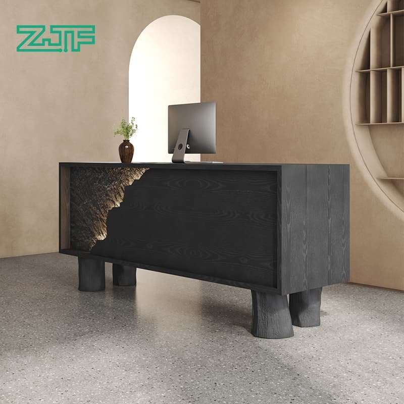 Black Reception Desk with Woodgrain Finish