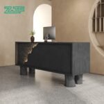 Black Reception Desk with Woodgrain Finish