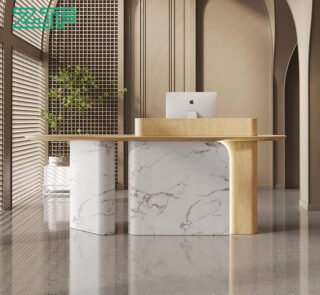 Luxury oval-shaped front desk with Carrara marble and LED lighting